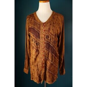 Vintage Select Brown Orange Long Sleeve Embroidered Button Down Boho Cottage S